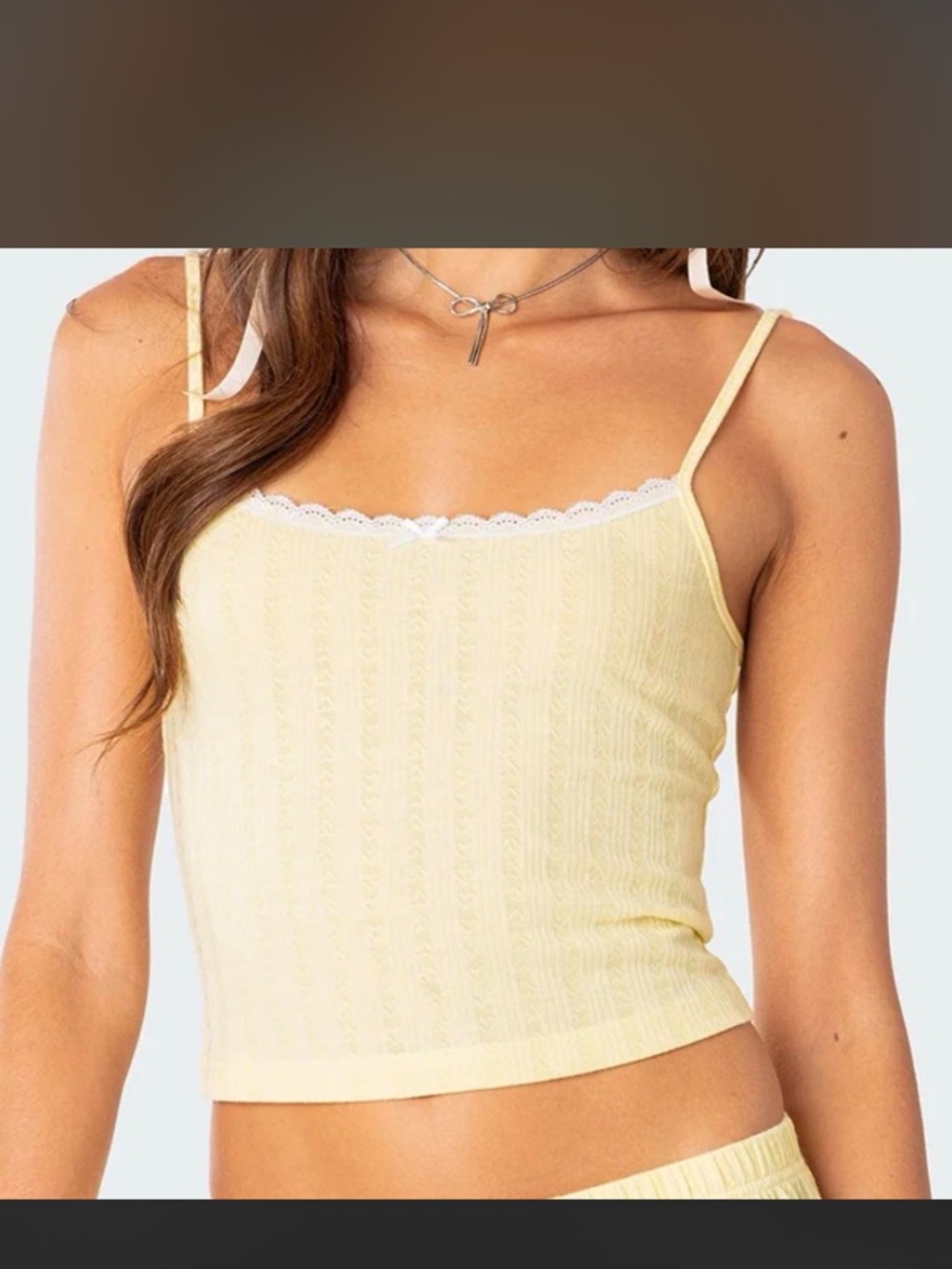 Edikted Irene Pointelle Tank Top Lace-Trim Ribbed Knit Cami Tank - Yellow